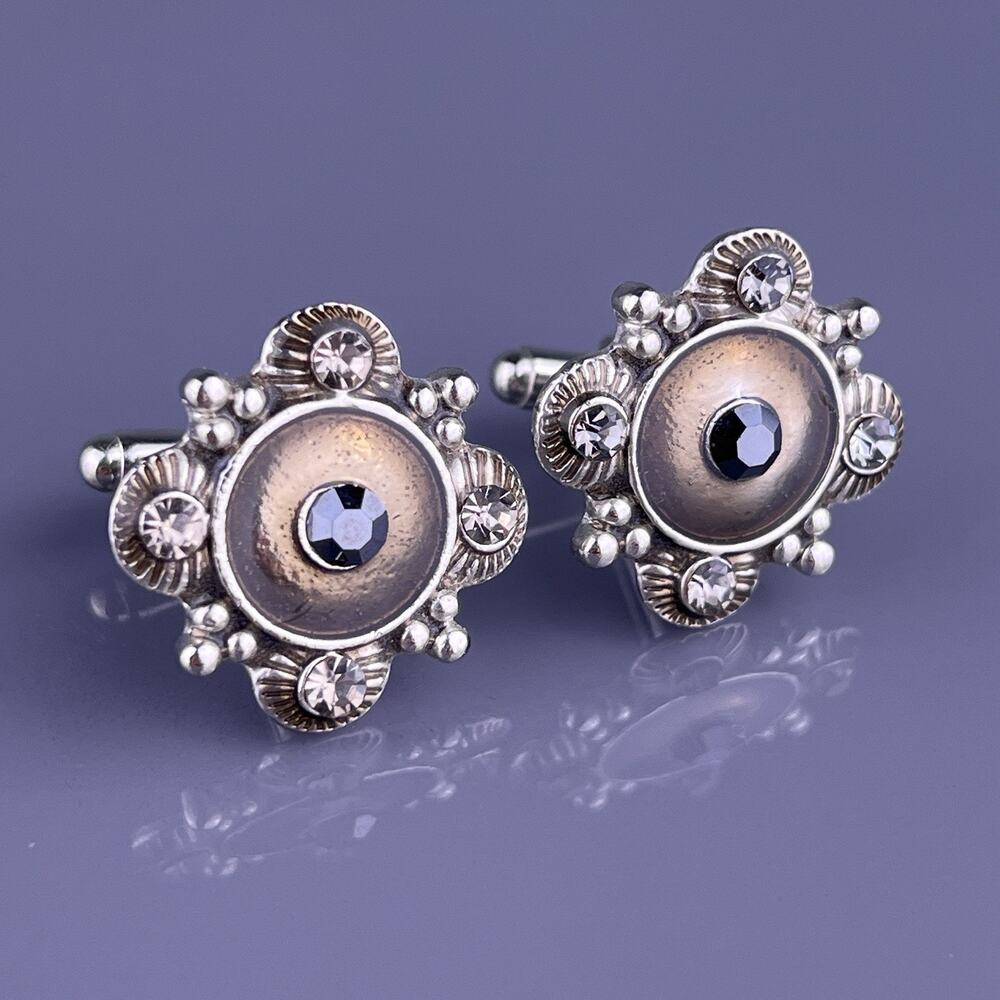 Black Gray Rhinestone Circles Cufflinks Silver Tone Dots Flashy Vintage